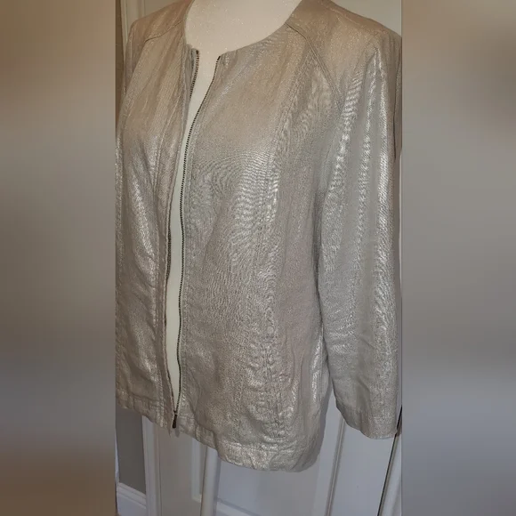 Chicos silver grey metallic linen jacket, moto jacket, lightweight,sz 0 Chicos - Picture 3 of 9
